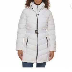 Tommy Hilfiger White Puffer Jacket with belt and Removable Hood
